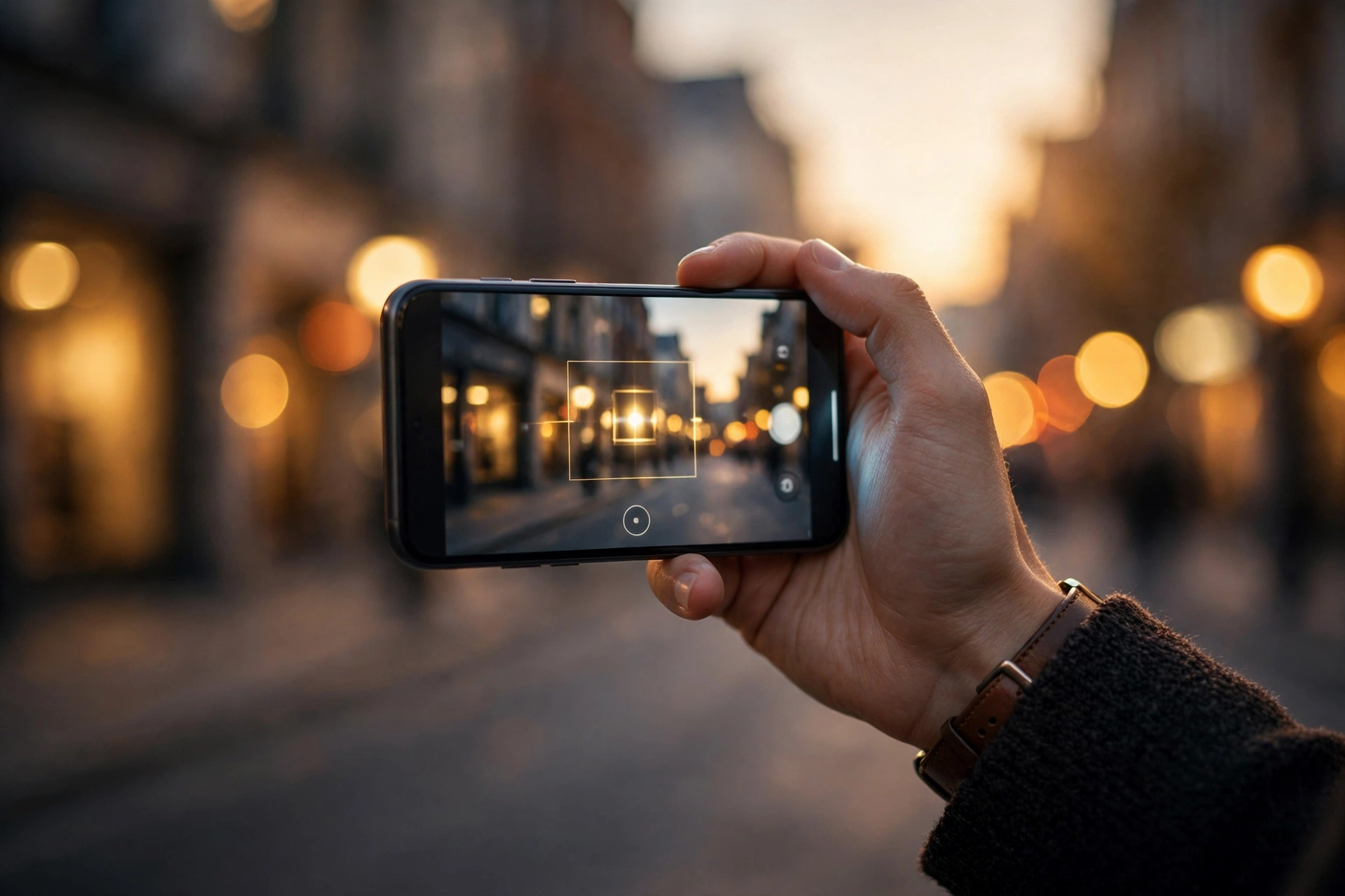 Hand holding a smartphone at dusk